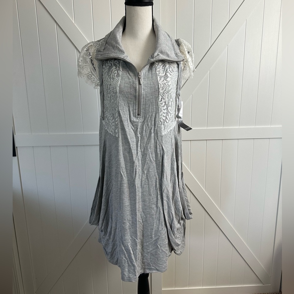 Kensie Gray Lace Trim Quarter Zip Dress Medium NWT Casual Knit Shift Dress